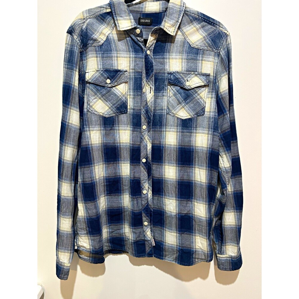 Buffalo David Bitton SAKOOL Men's L Blue Plaid L/S Shirt Pockets